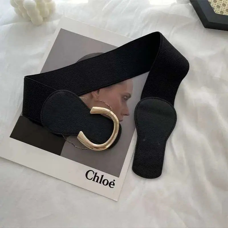 Women Wide Elastic Waist Belt for Dress Ladies Stretch Belt Plus Size with Gold Big Buckle