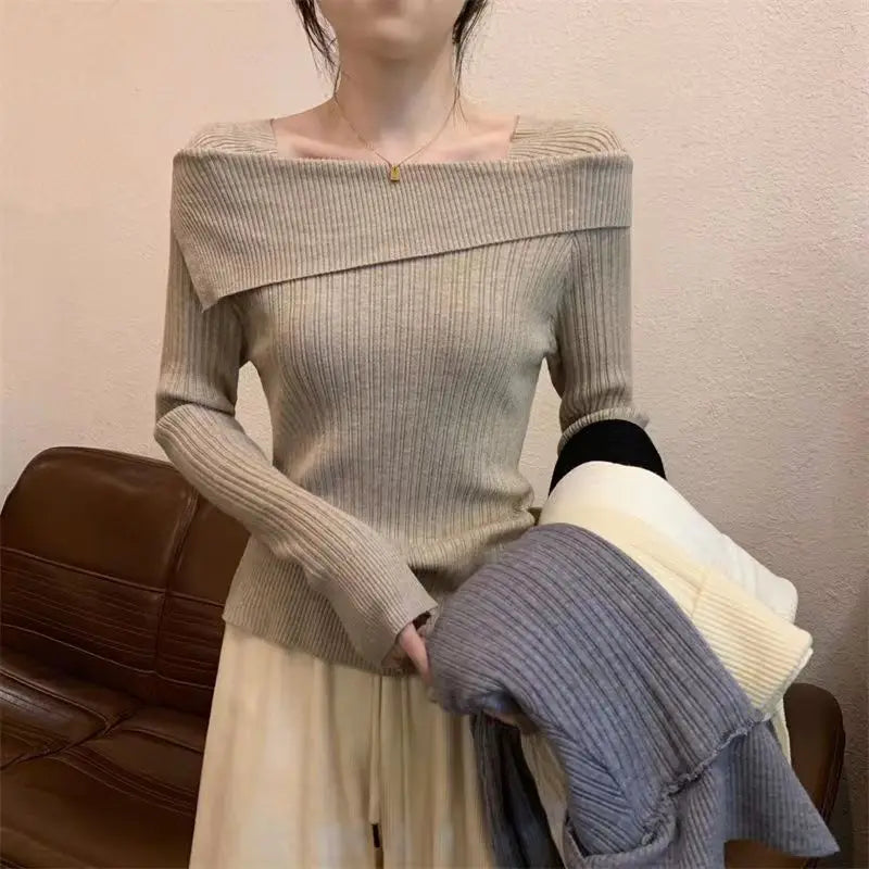 Solid Sexy Slim Off Shoulder Slash Neck Long Sleeve Knitting Sweater  Women Jumpers Office Fashion New