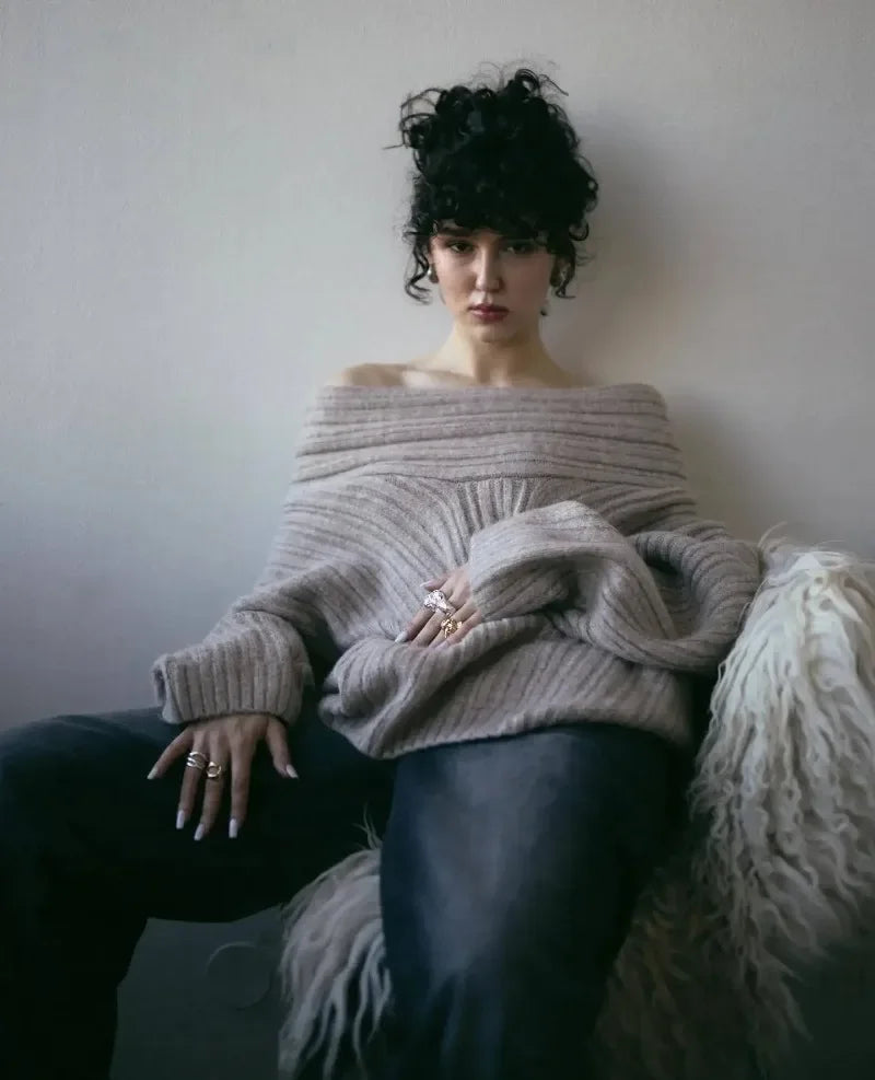 Tuularose Women's Off-Shoulder Sweater Fashion Loose Casual Brown Retro Pullover Spring High Street Office Lady Tops Knitwear