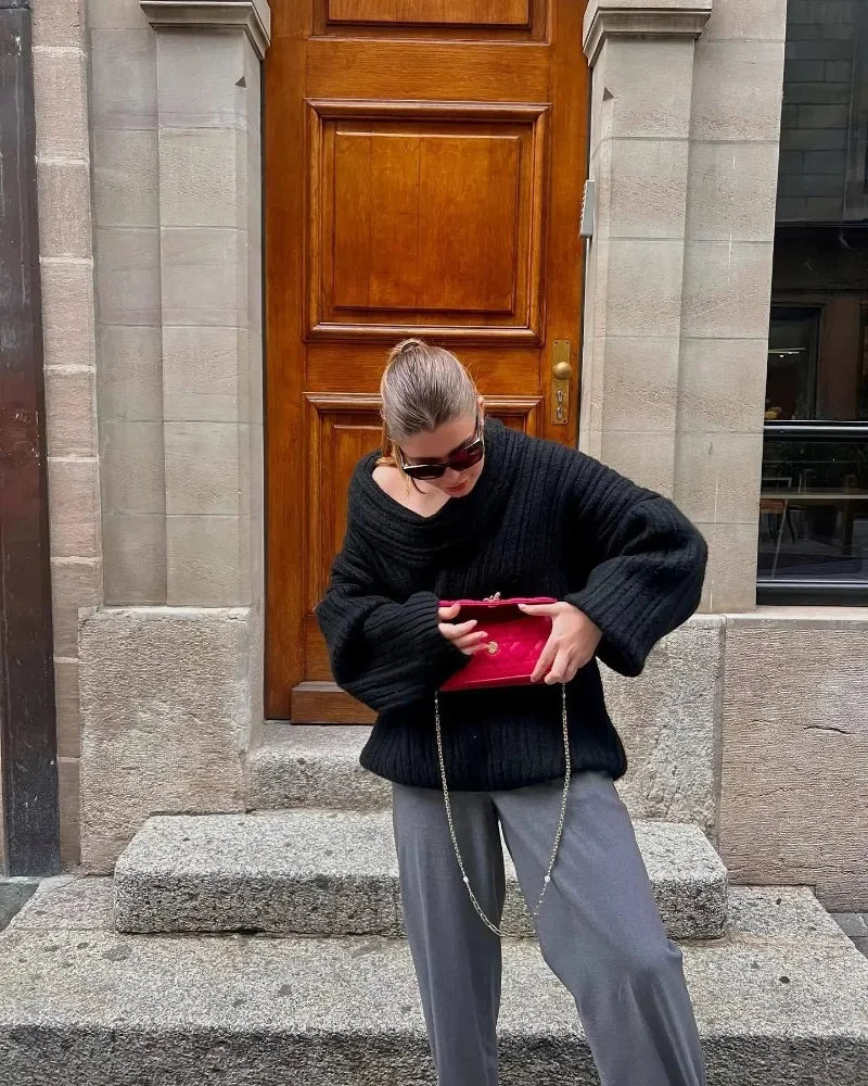 Tuularose Women's Off-Shoulder Sweater Fashion Loose Casual Brown Retro Pullover Spring High Street Office Lady Tops Knitwear