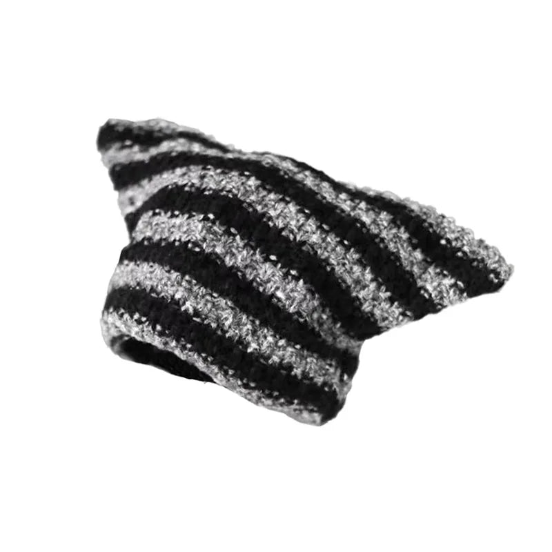 New Japanese Streetwear Harajuku Beanie Little Devil Striped Knitted Hat Women Girls Autumn Winter Cute Cat Ears Cap