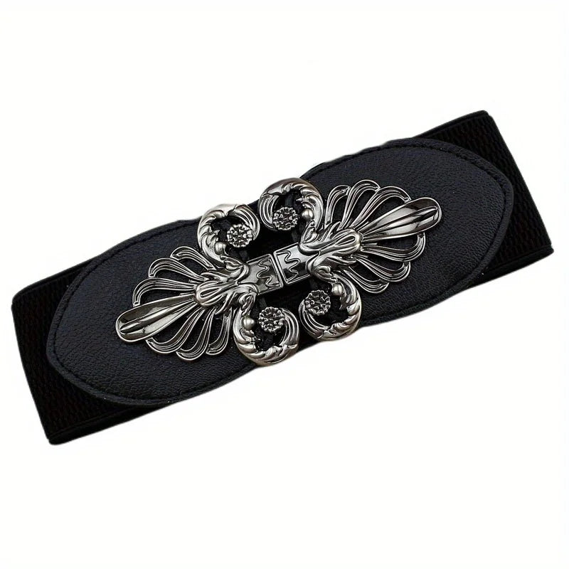 Vintage Buckle Wide Elastic Belt Black Waistband Solid Color Decorative Belts Dress Girdle For Women