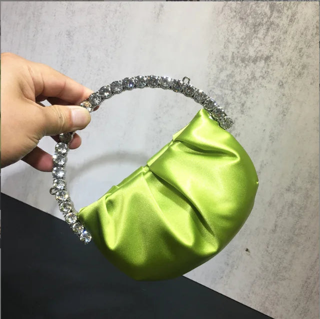 Lady Blue/Pink Diamond Circular Evening Bag Women Fushia Round Handle Rhinestone Dinner Clutch Purse Ladies Half Moon Handbags