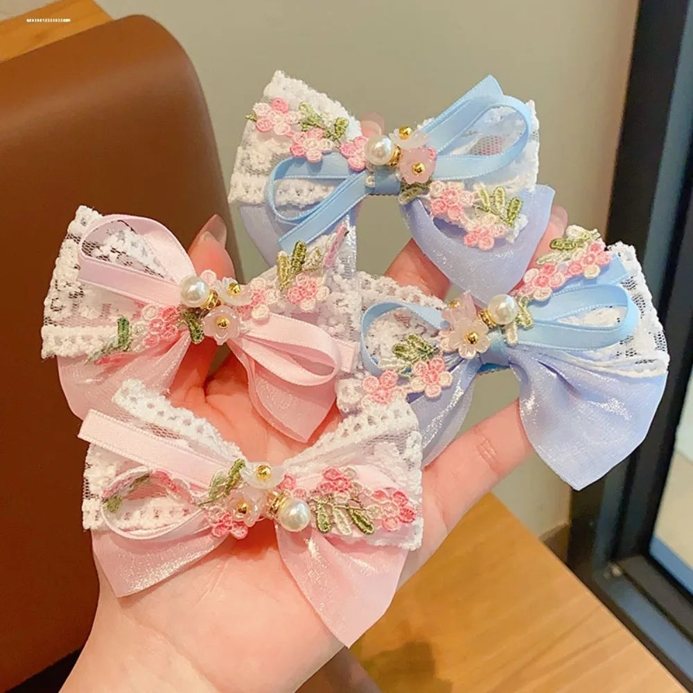 2pcs/Set Children Toddler Baby Girls Hair Bows Lace Pearl Cute Flower Floral Embroidery Lace Hair Clips Kid Hair Accessories