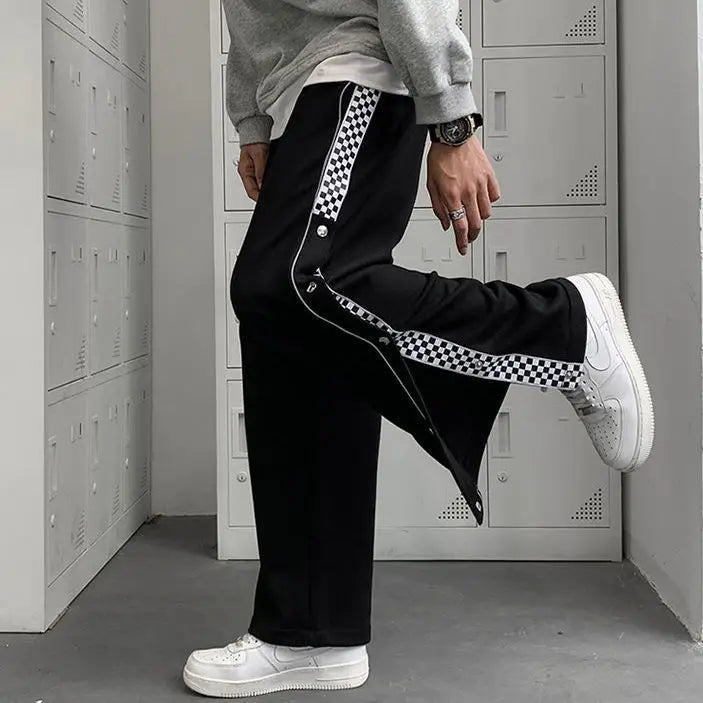Split Reflective Stripe Casual Pants Unisex Trendy Patchwork Button Pants Spring Summer Straight Loose Sports Pants