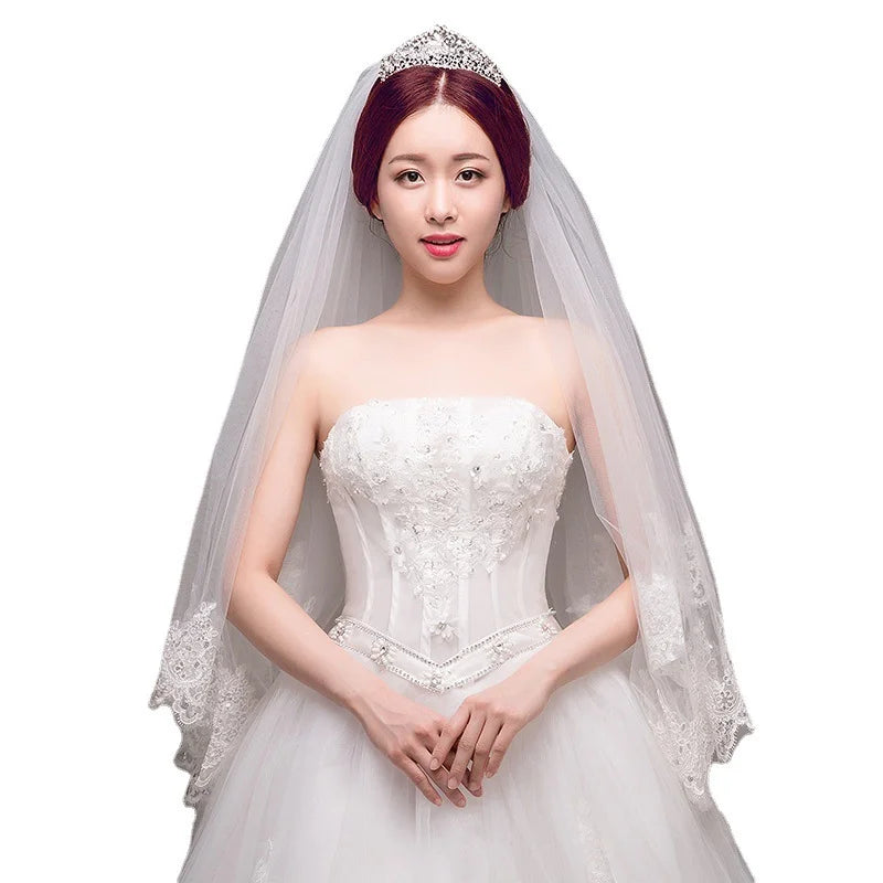 Women's Sequins Edge Bride Wedding Fingertip Length Two-Tier/2T Lace Bridal Hair Accessories Tulle Veil