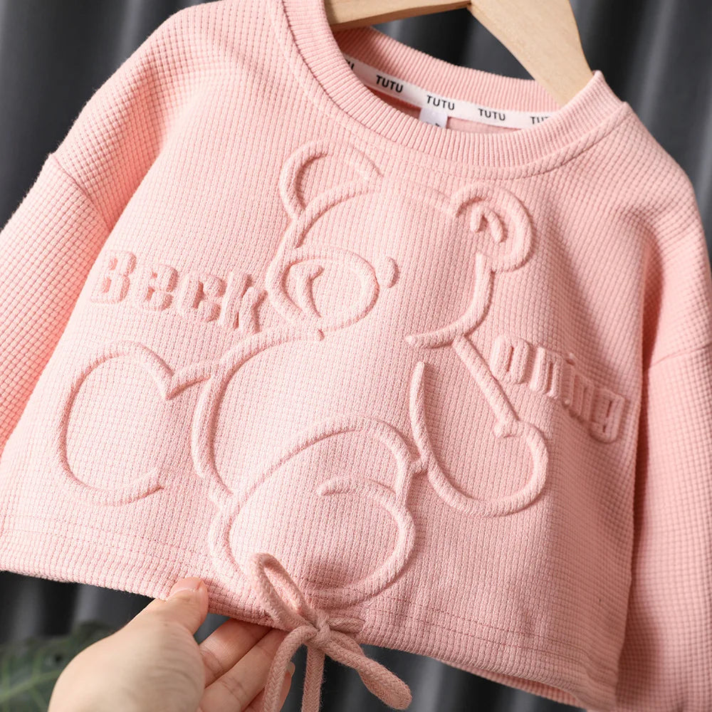 Spring Autumn Baby and Girls Cartoon Embossed Drawstring Sweatshirt+Sweatpant Kids 2PCS Tracksuit Child Outfit Jogger Set 1-9 Yr