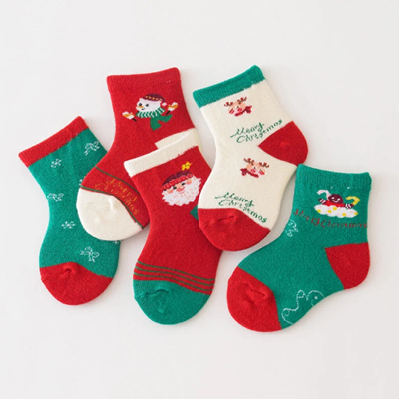 5Pairs Children Christmas Socks Thicken Cotton Newborn Warm Sock Autumn Winter Baby Mid Tube Sock 0-3year Boys Girls Footwear