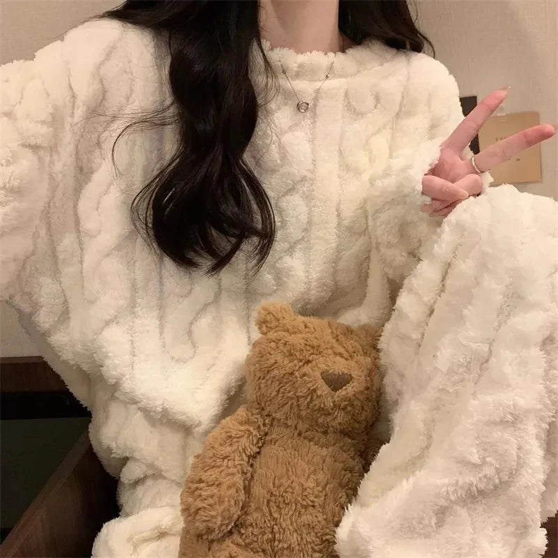 Pyjama chaud Jacquard en velours corail, polaire épaisse d'automne et d'hiver, ensemble de pyjama chaud décontracté pour Couple