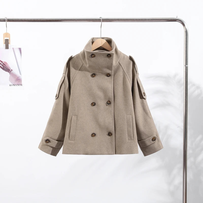Elegant Women's Short Woolen Coats Stand Collar Double Breasted Long Sleeve Female Jacket 2025 Autumn Winter Lady Warm Outwear