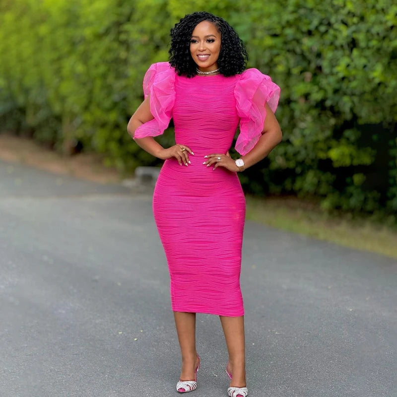 New African Fashion Women Dress O Neck Ruffle Sleeves Package Hips Bodycon Dress Office Lady Evening Birthday Party Vestidos