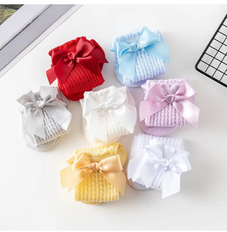 Simmer Spring Mesh Thin Cotton Korean Bow White Stockings Baby Princess Knee High Long Socks with Lace Ruffles for Newborn Girls