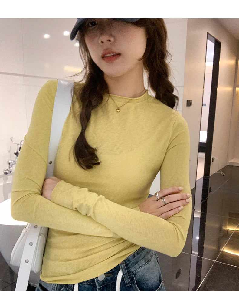 2025 Spring Autumn T shirt Women Tops Solid Slim Fit Long Sleeve O Neck Tshirts Female Casual Streetwear High Quality Base Tees