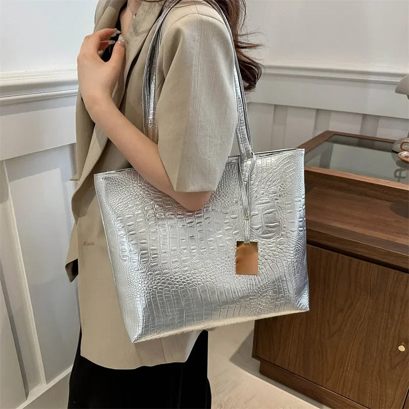 Fashion Casual Women Shoulder Bags Silver Gold Black Crocodile Handbag PU Leather Female Big Tote Bag Ladies Shopping Bag
