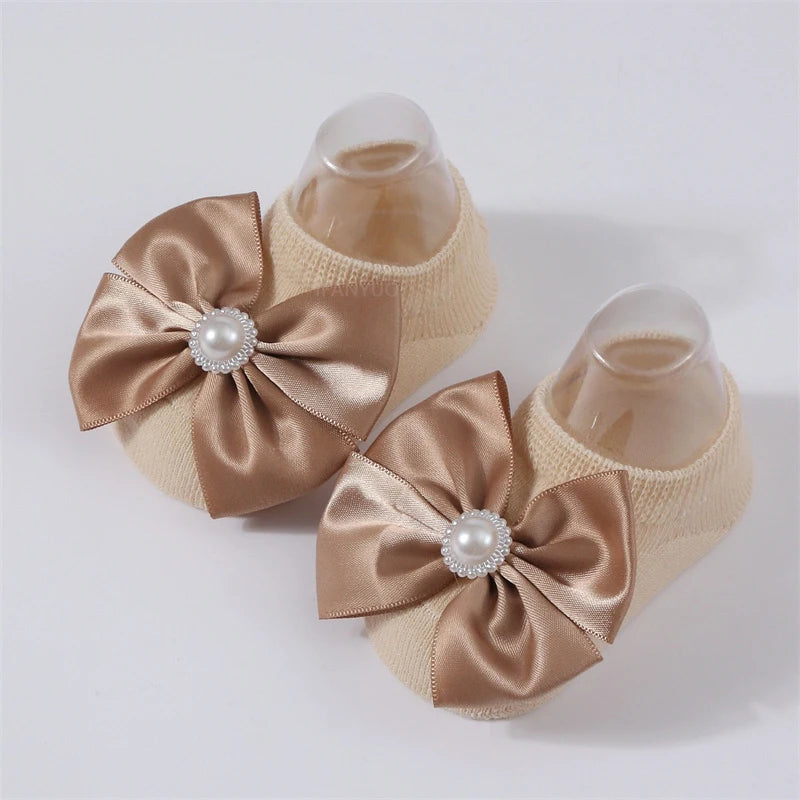 Baby Pearl Bow Solid Color Floor Socks Newborn Infant Knitted Breathable Socks Sweet Cute Girls Princess Children Birthday Gifts