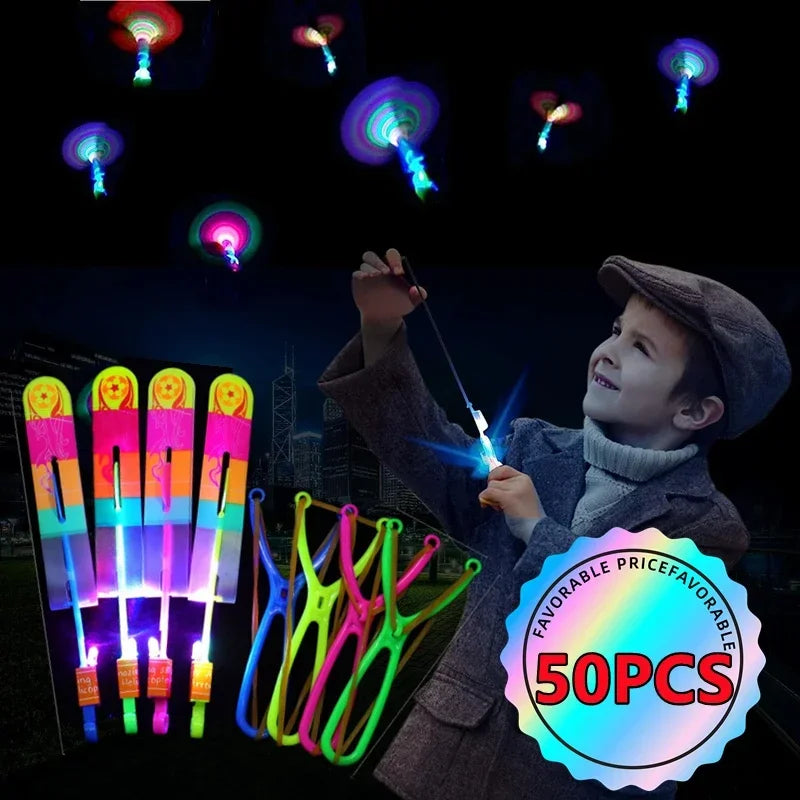 New 50/30/10/5/1Pc Amazing Light Toy Arrow Rocket Helicopter Flying LED Light Toys Party Fun Best Gifts Rubber Band Catapult