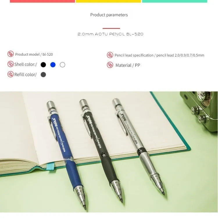 Mechanical Pencil Set 2.0 mm with 2B Black/Colors Lead Refill For Writing Sketching Art Drawing Painting School Automatic Pencil