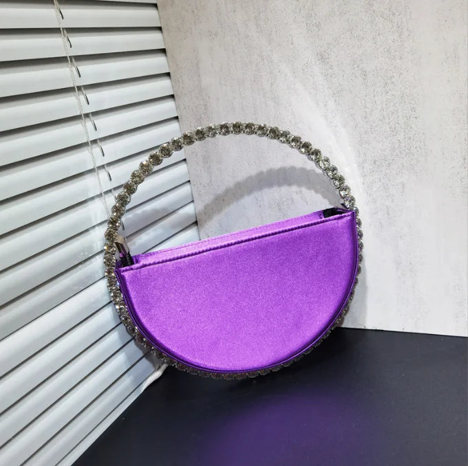 Lady Blue/Pink Diamond Circular Evening Bag Women Fushia Round Handle Rhinestone Dinner Clutch Purse Ladies Half Moon Handbags