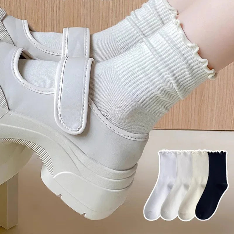 Fashion New Ruffle Socks for Women Mid Crew Middles Tube Ankle High Breathable Cotton Socks Black White Beige Female Cute Sock