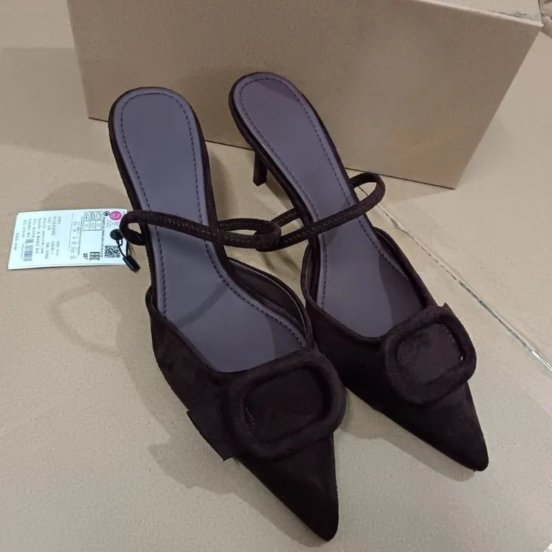 2025 High Heels Women Mules Shoes Elegant Brown Suede Pointed Toe Retro Summer Office Female Slingback Designer Modern Sandals