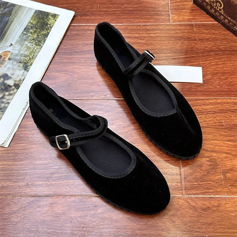 Elegant Mary Janes Flats Shoes Women Black Buckle Strap Shallow Casual Ballet Shoes Ladies Spring Autumn Canvas Loafers 2024