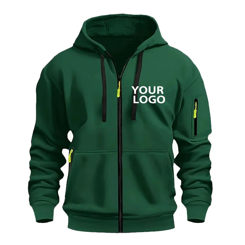 DIY Custom Logo Men's Casual Sports Hoodie Full-Zip Pocket Sweatshirt Fashion Arm Pocket Outdoor Long-Sleeve Pullover Hoodie