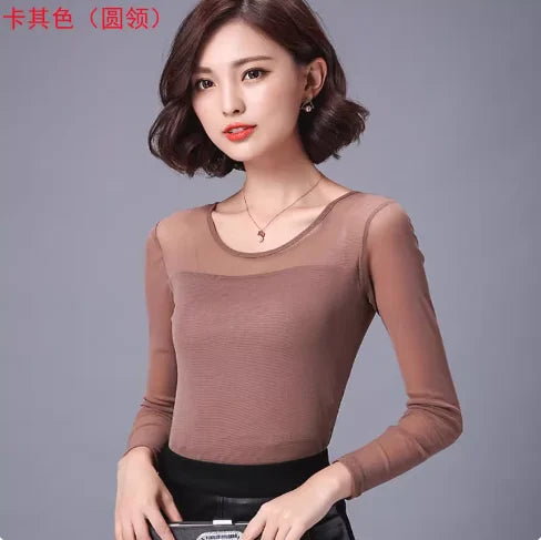 Autumn Winter Black White Bottoming Shirt Round Neck Solid Mesh T Shirt Korean Fashion Women Tops