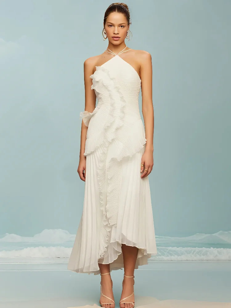 Elegant Neck Strap Ruffles Evening Gown Solid Folds A Line Lace Up Backless Sexy Party Dress 2025 New Party  Vacation Y2k Robe
