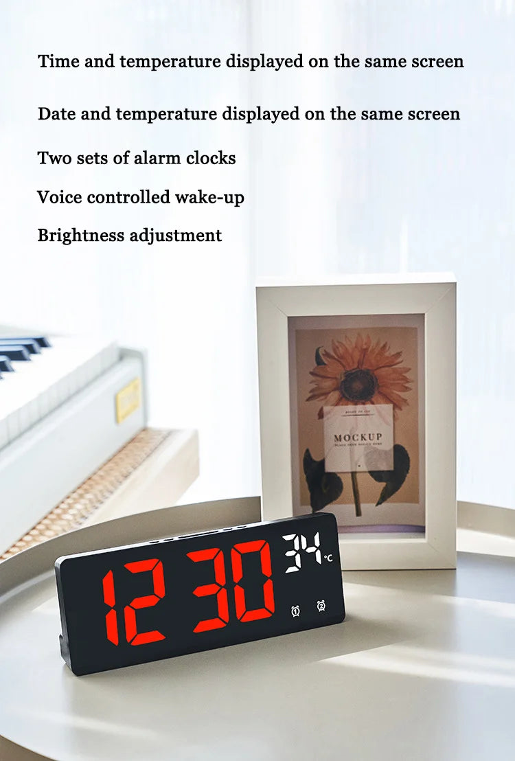 Electronic Clock Voice Control Digital Alarm Clock Temperature Desktop Table Clock Night Mode 12/24H LED Clock Watch Desk