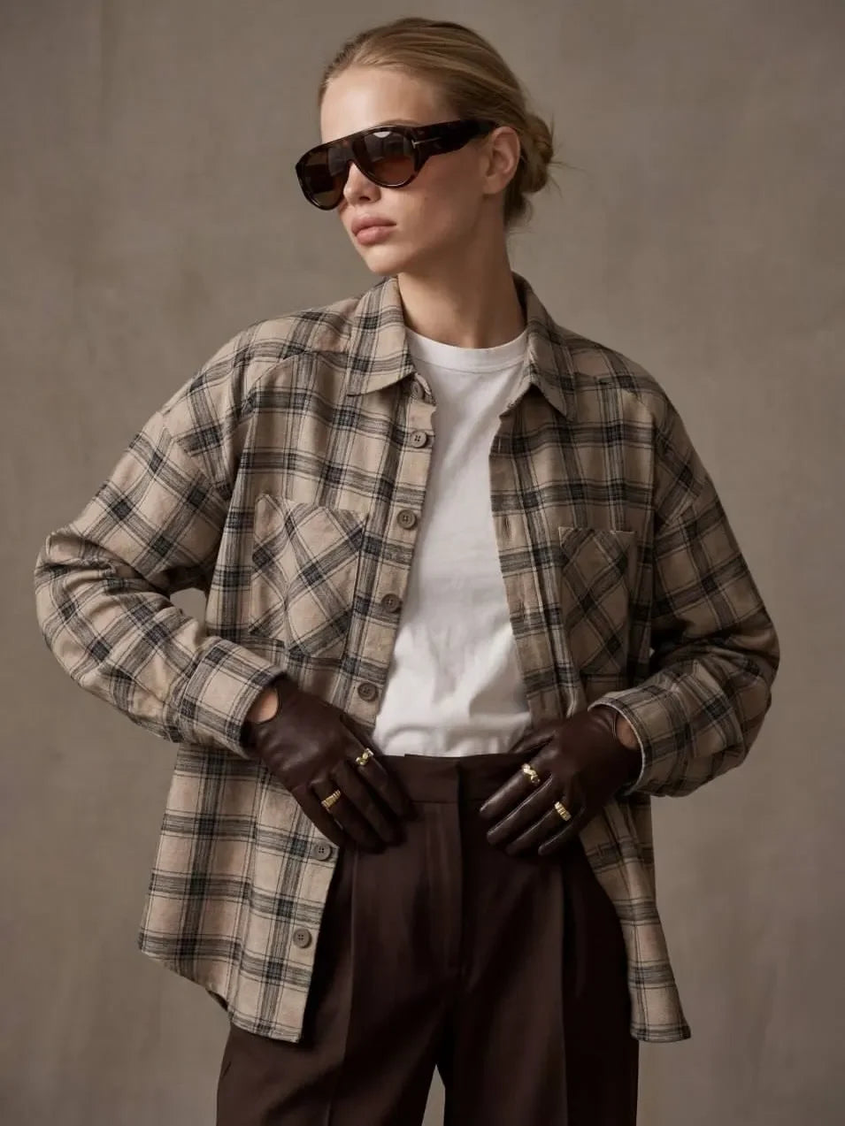 Color-block Women's Single-breasted Plaid Shirt Lady Fashion Chic Vintage Lapel Full Sleeve Pockets 2026 Spring Indoor Tops