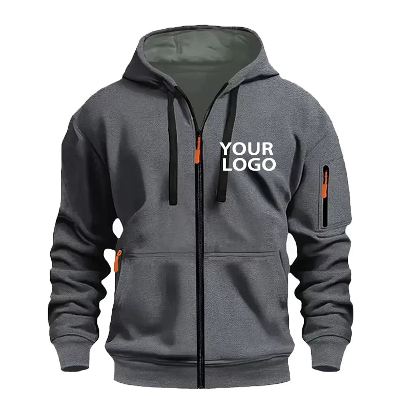 DIY Custom Logo Men's Casual Sports Hoodie Full-Zip Pocket Sweatshirt Fashion Arm Pocket Outdoor Long-Sleeve Pullover Hoodie