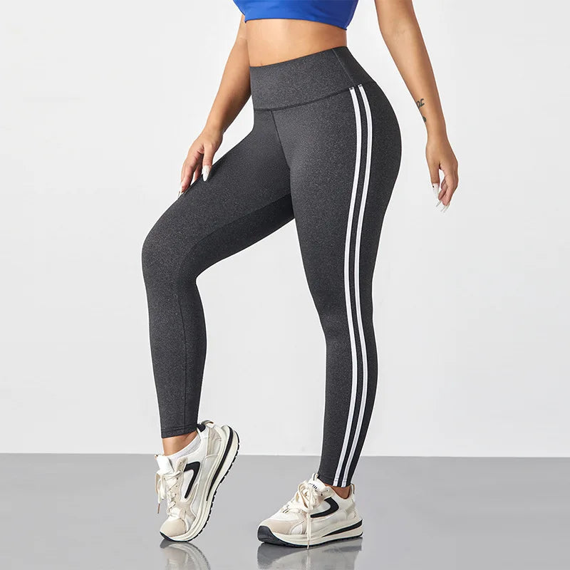 Simple Yoga Leggings With Side Stripes For Women Tummy Control Slim Sports Casual Tights Gym Leggings
