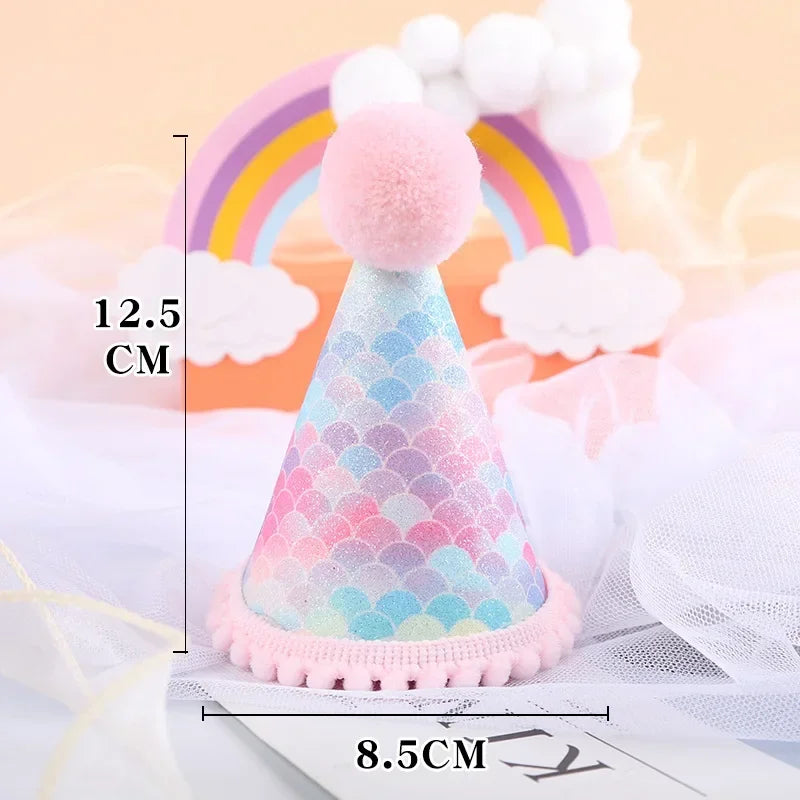 Felt Rainbow Theme Birthday Party Crown Mermaid Happy Birthday DIY Decor Kids Baby Shower Party Number 1-9th Hat Unicorn Navidad
