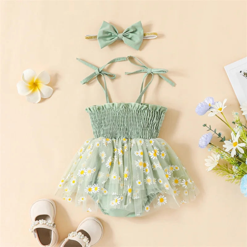 Baby Girls Romper Set Spaghetti Straps Pleated Flower Print Tulle Patchwork A-line Dress with Bowknot Headband