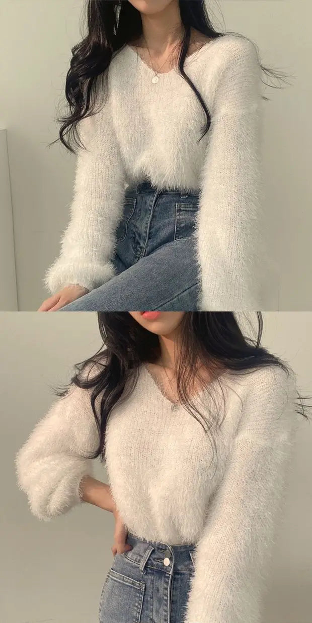Women's Soft Cozy V-Ne Sweater Autumn Winter Faion Sweet Loose Fit Knitted Top Pink Color Trendy Ladies Sle Long Sve
