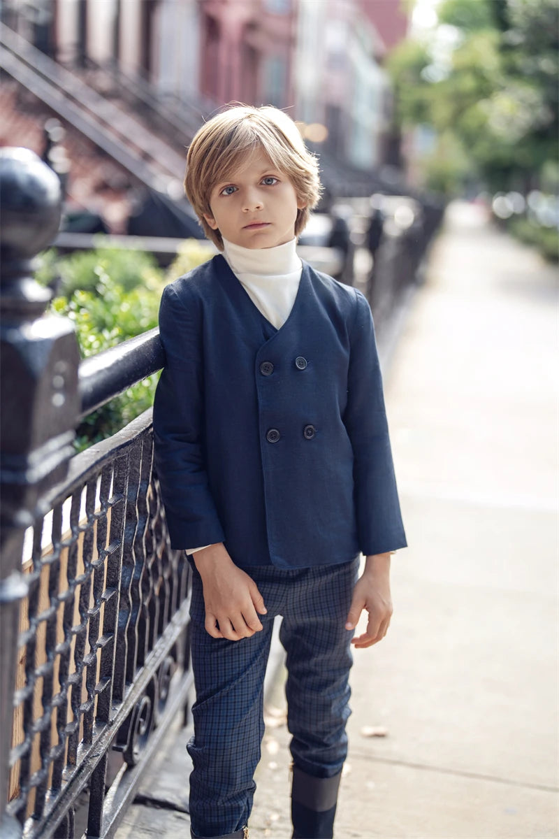 AS Great Quality Designer Shabbos Brother Sister Navy Cotton Linen Clothes with Embroidery Holiday Outfits