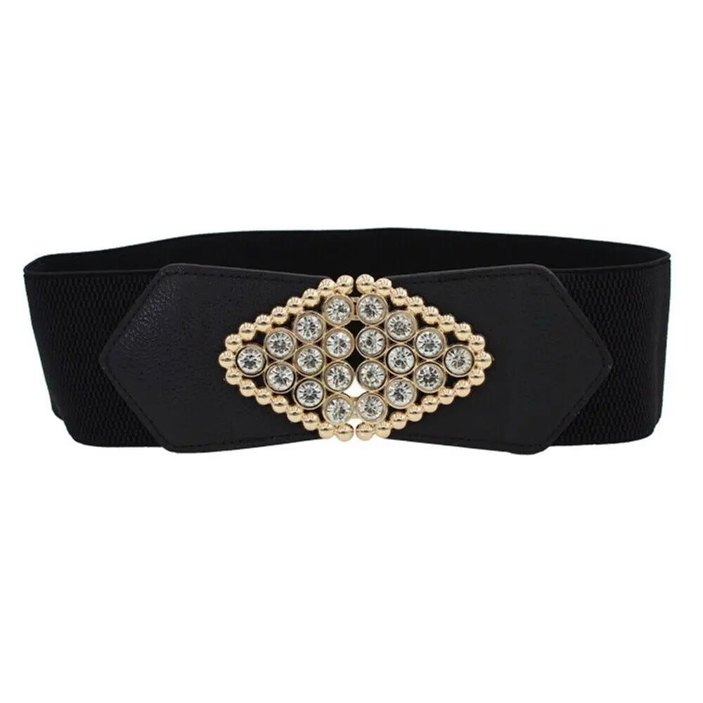 Big Size Black Stretch Corset Waistband Belt Cummerbands Rhinestone Metal Buckle