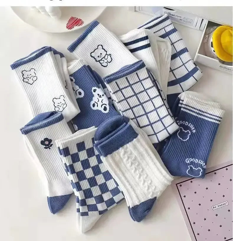 Women's Socks Warm Socks In Autumn and Winter Blue Socks Students High-top Striped Checkered Sports Stockings
