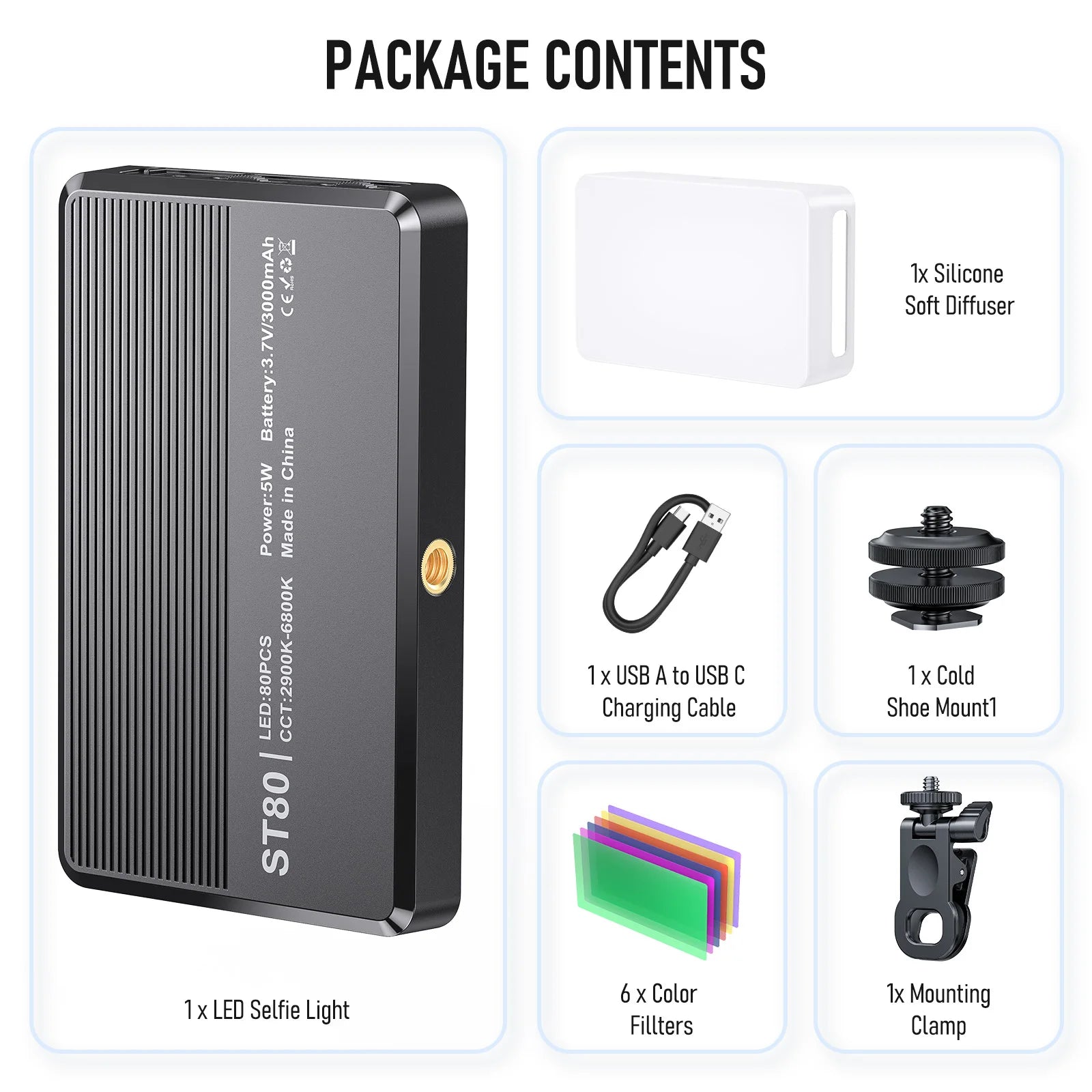 Video Light with 6 Color Filters 0-100% Adjustable 3000mAh Battery Fill Light for Selfie Photography Live Streaming
