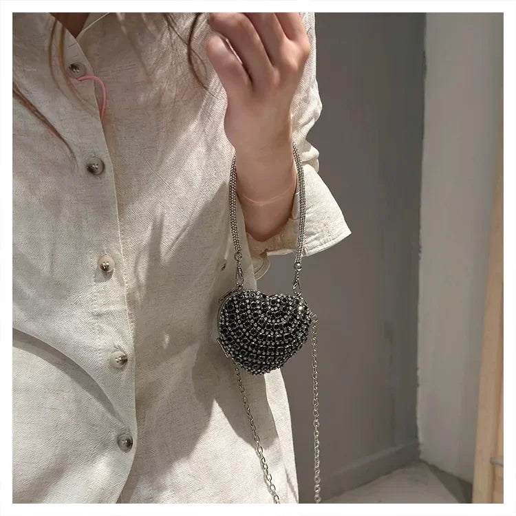 Luxury Mini Diamond Inlay Heart Shape Crystal Clutch Purse Stones Evening Wedding Party Shoulder Bag Handle Rhinestone Handbags