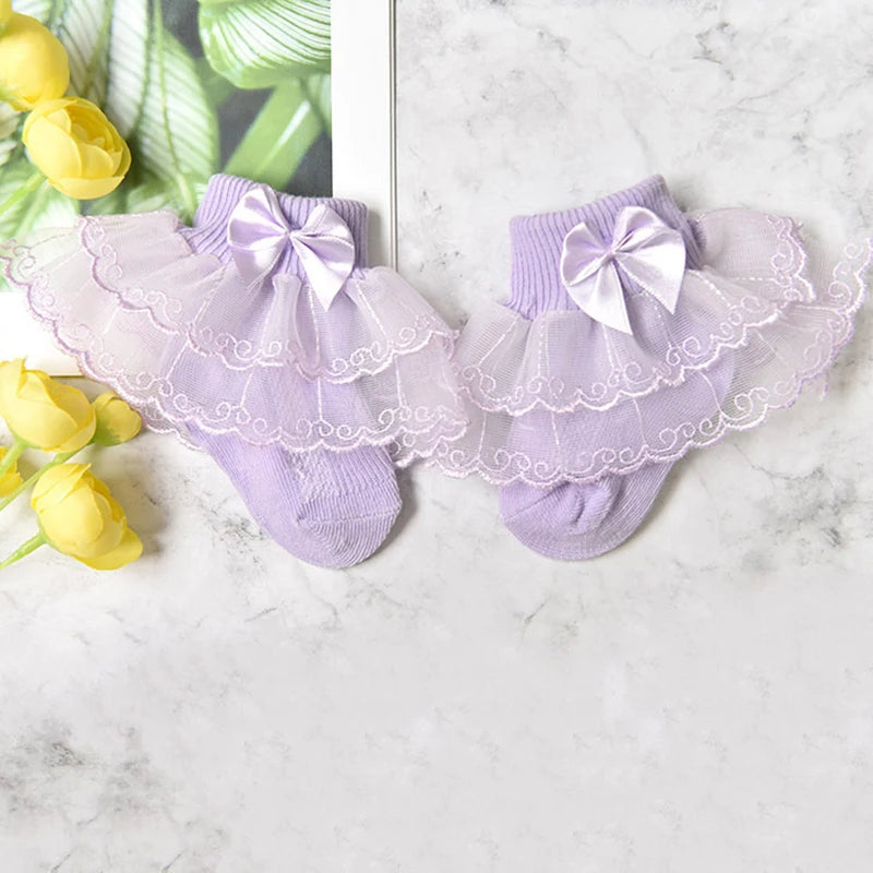 0-9Y Baby Cotton Socks With Lace Girls Ankle Socks Bows Toddlers Floor Sock Cute Frilly Socks For Children Girls Princess Sock
