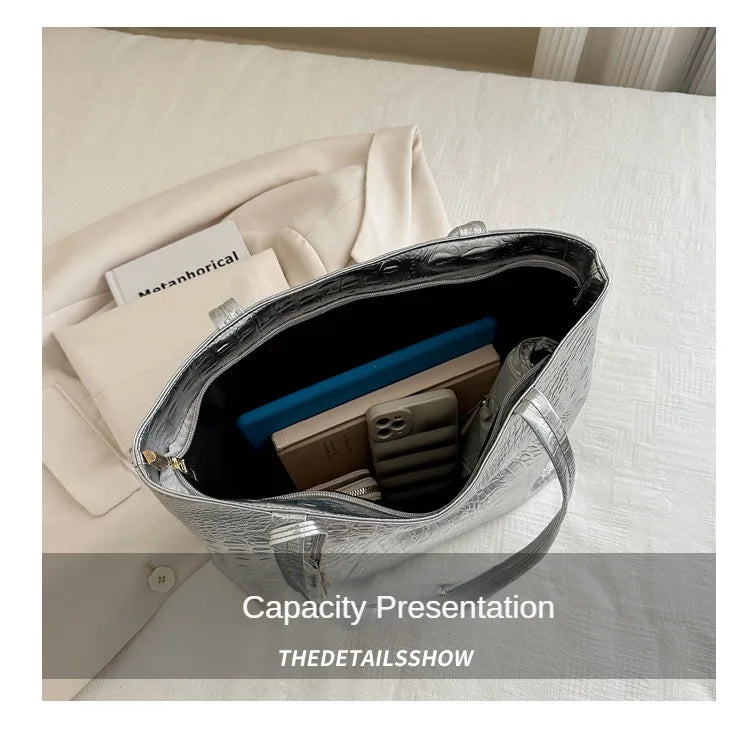 Fashion Casual Women Shoulder Bags Silver Gold Black Crocodile Handbag PU Leather Female Big Tote Bag Ladies Shopping Bag