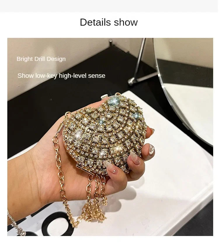 Luxury Mini Diamond Inlay Heart Shape Crystal Clutch Purse Stones Evening Wedding Party Shoulder Bag Handle Rhinestone Handbags