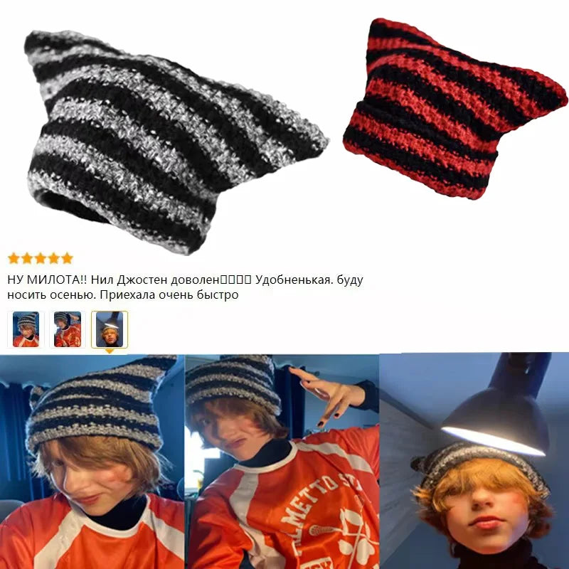 New Japanese Streetwear Harajuku Beanie Little Devil Striped Knitted Hat Women Girls Autumn Winter Cute Cat Ears Cap
