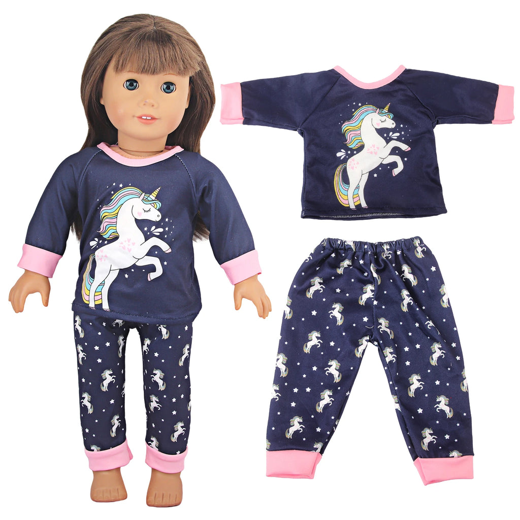 Doll Clothes Pajamas  For 43cm Baby New Born&American 18 Inch Girl Doll Unicorn Shark Cartoon Clothes Suit For Generation Doll