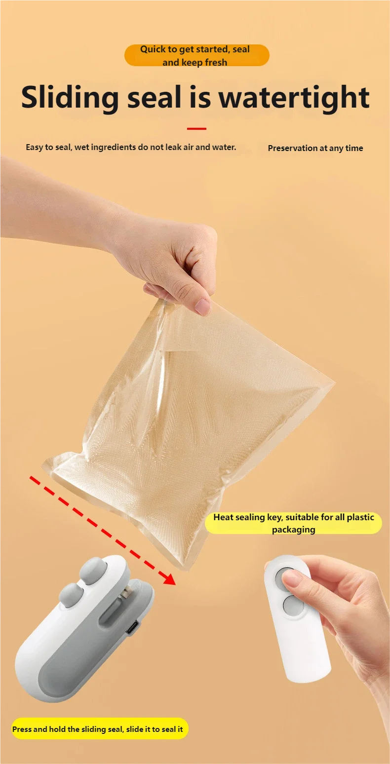 HOMEFISH Mini Handheld Heat Sealer USB Rechargeable Food Storage Bag Plastic Packaging Machine Clip Bag Portable Food Sealer