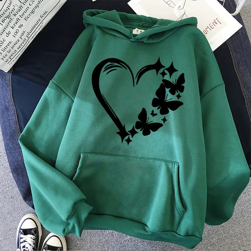 Combination of Love and Butterfly Pattern Long Sleeve Hoodies Women's Trendy Pocket Sweatshirt  Vintage Y2k Hooded Clothing