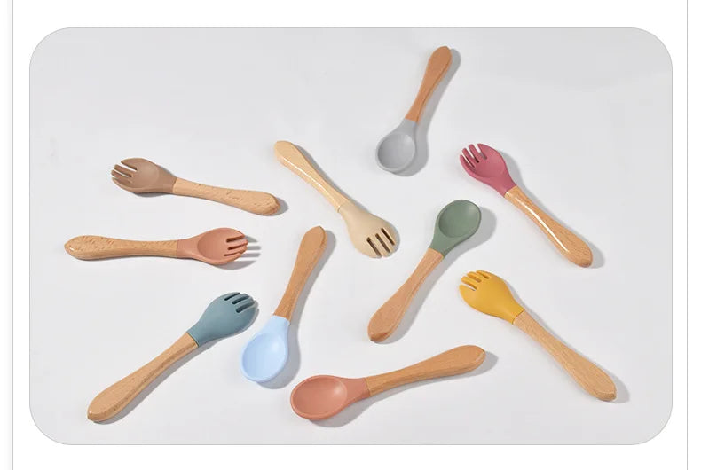 Spoons Baby Feeding Spoon Fork Wooden Handle Spoon Fork Set Soft Silicone Tip Spoon Fork BPA Free Food Grade Infant Toddlers