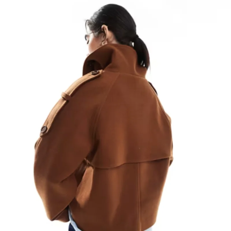 Elegant Women's Short Woolen Coats Stand Collar Double Breasted Long Sleeve Female Jacket 2025 Autumn Winter Lady Warm Outwear