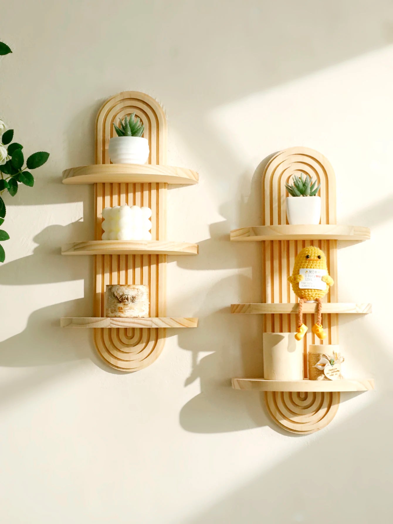 1Pc Boho Style Wooden Wall Shelves - Geometric Wall Mounted Shelves, Natural Wood Finish, Modern Home Decor, Plant Decorative